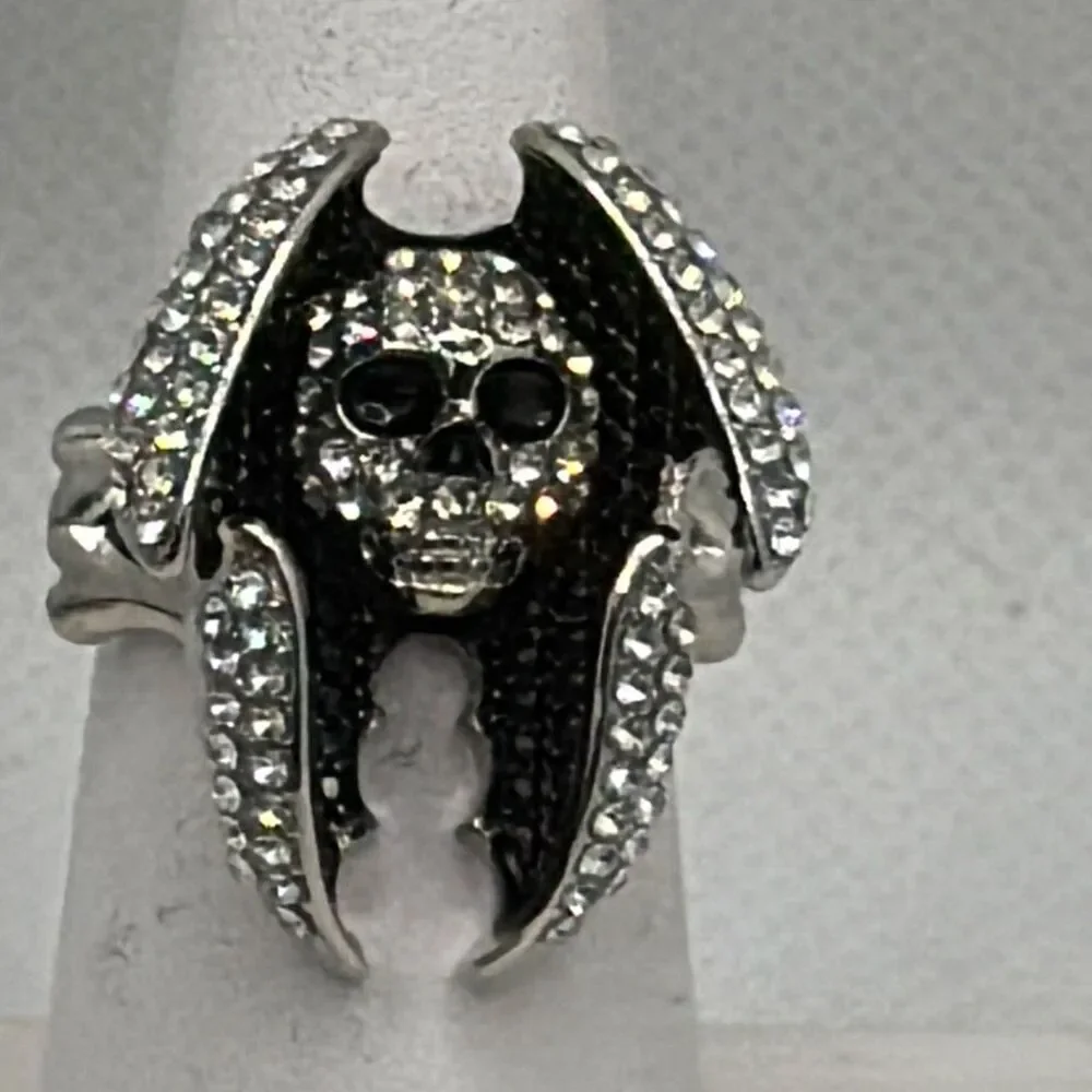 Size 12 Skull Bat Wing Rhinestone Ring Silver Tone Goth Statement NWOT
